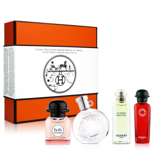 即期品【Hermes 愛馬仕】小香禮盒4入×7.5ml-絲巾/尼羅河花園/橘彩星光/緋紅火參(平行輸入)