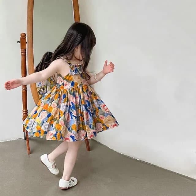 【橘魔法】油畫風碎花吊帶洋裝(吊帶裙 連身裙 裙子 女童 兒童 童裝)