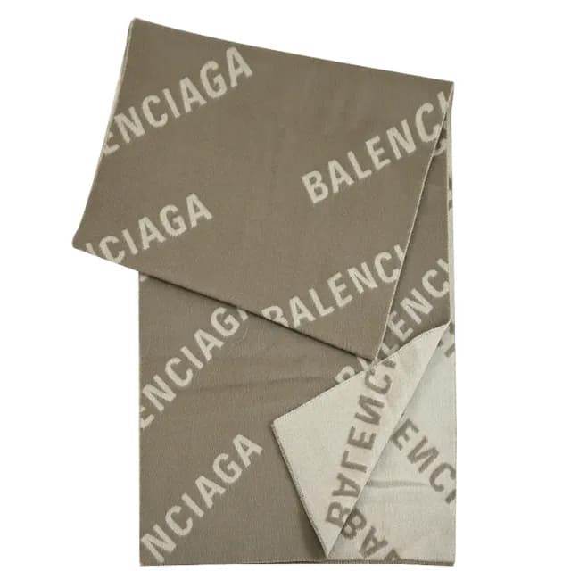 【Balenciaga 巴黎世家】經典滿版LOGO雙面純羊毛披肩長圍巾(淺褐色)