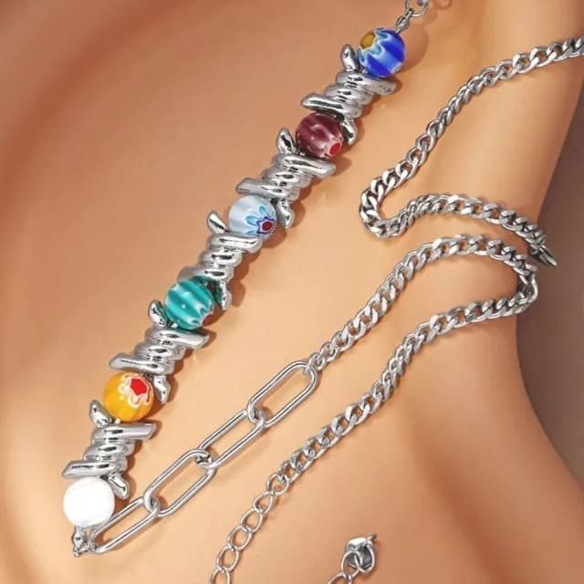 【嘻哈甜酷】彩色琉璃珠合金項鍊(輕奢 小眾 設計 串珠 荊棘項鏈 ins 原宿風 毛衣鍊 鎖骨鏈)