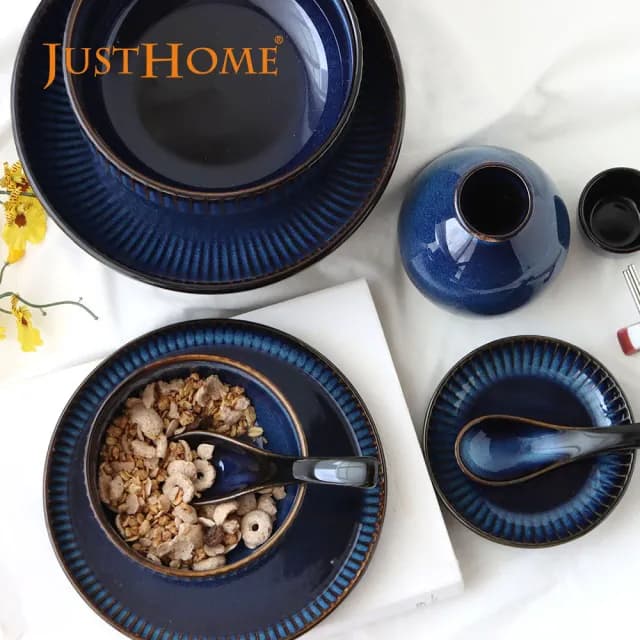 【Just Home】藏藍陶瓷碗盤餐具5件組-2款可選(可微波 碗 飯碗 湯碗 麵碗 湯匙)