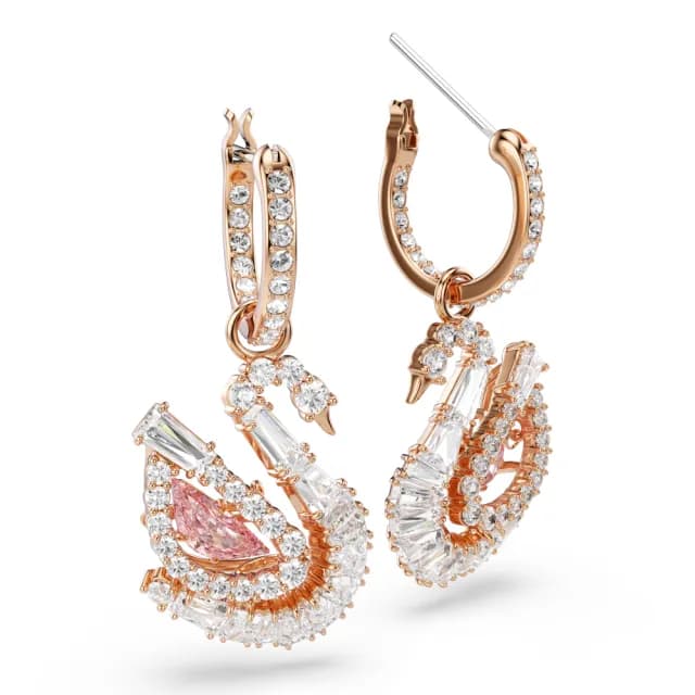 【SWAROVSKI 施華洛世奇】Swan 水滴形耳環 密鑲 天鵝 粉紅色(情人節禮物)