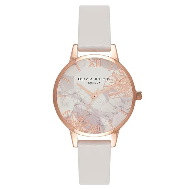 【Olivia Burton】Abstract Florals系列-玫瑰金殼白色抽象花卉面嫣白色皮帶腕錶(OB16VM12)