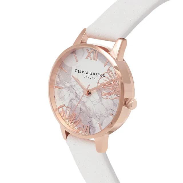【Olivia Burton】Abstract Florals系列-玫瑰金殼白色抽象花卉面嫣白色皮帶腕錶(OB16VM12)