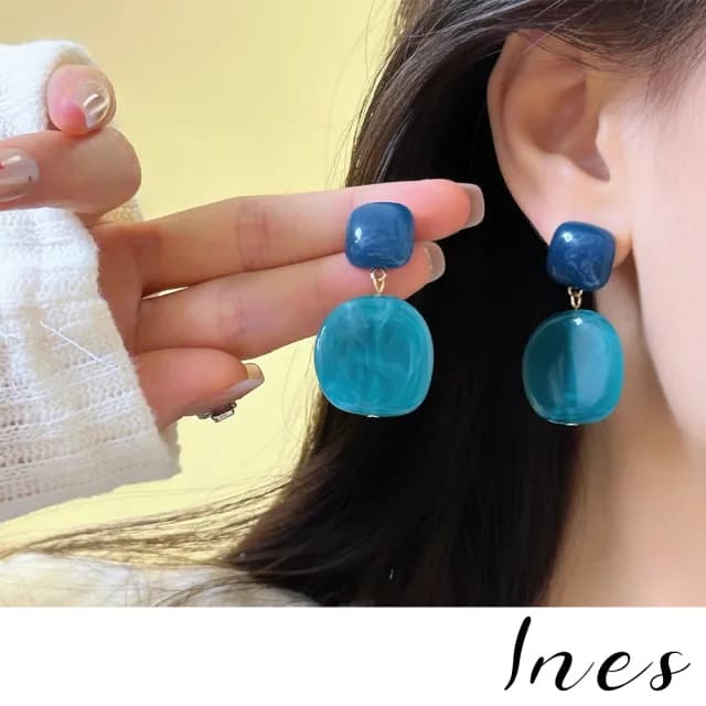 【INES】韓國設計S925銀針清新霧藍琉璃波紋幾何方塊耳環(S925銀針耳環 幾何耳環 方塊耳環)