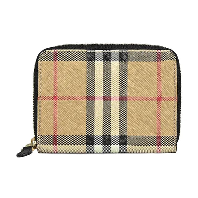 【BURBERRY 巴寶莉】BURBERRY 內壓印LOGO格紋PVC內襯牛皮5卡拉鍊零錢包(典藏米)