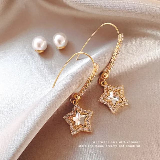 【閃耀星芒】星戀珍珠搖曳長耳勾(星星 垂墜 閃亮 五角星 耳釘 長款耳環 耳針 耳飾 聚會 約會)