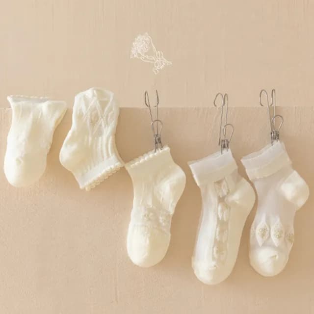 【橘魔法】（5雙一組）奶白蕾絲花紋玻璃透膚短襪(襪子 透明 水晶襪 玻璃襪 透膚襪 女童 童裝 兒童 童襪)