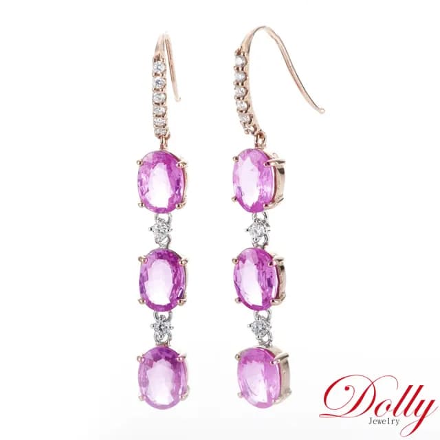【DOLLY】18K金 天然艷彩粉色藍寶石玫瑰金鑽石耳環(母親節 長輩送禮 交換禮物首選)