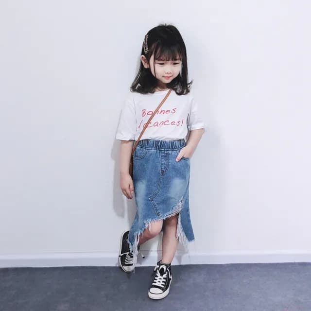 【橘魔法】不規則鬚邊牛仔裙(窄裙 牛仔裙 半身裙 裙子 女童 兒童 童裝)