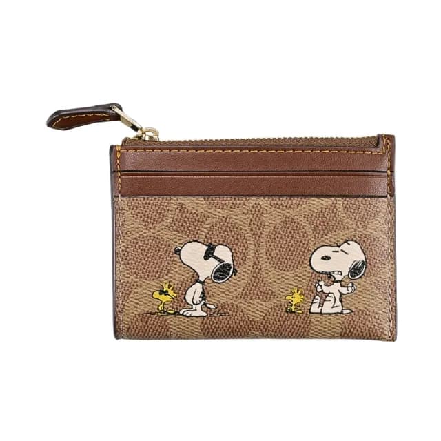 【COACH】X PEANUTS C LOGO PVC拼接素面皮革前卡夾鑰匙零錢包(史努比圖印/深淺棕C)