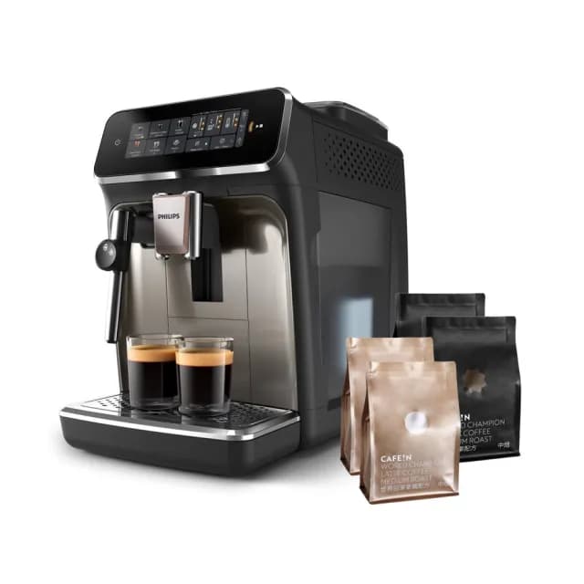【Philips 飛利浦】雙溫萃取全自動義式咖啡機 經典銀+CAFE!N 冠軍豆+拿鐵豆組(EP3326/94組合品)