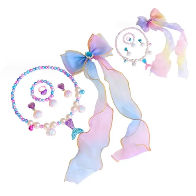 【橘魔法】漸層大蝴蝶結髮夾首飾組(7件組 套裝 項鍊 髮飾 髮夾 耳環 戒指 女童 兒童 童裝 生日 聖誕 禮物)