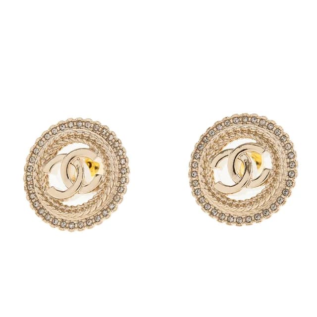 【CHANEL 香奈兒】新款金色圓形水鑽雙C LOGO穿式耳環