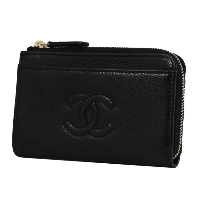 【CHANEL 香奈兒】經典雙C LOGO亮面粒紋5信用卡卡拉鍊零錢包(黑)