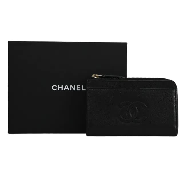 【CHANEL 香奈兒】經典雙C LOGO亮面粒紋5信用卡卡拉鍊零錢包(黑)
