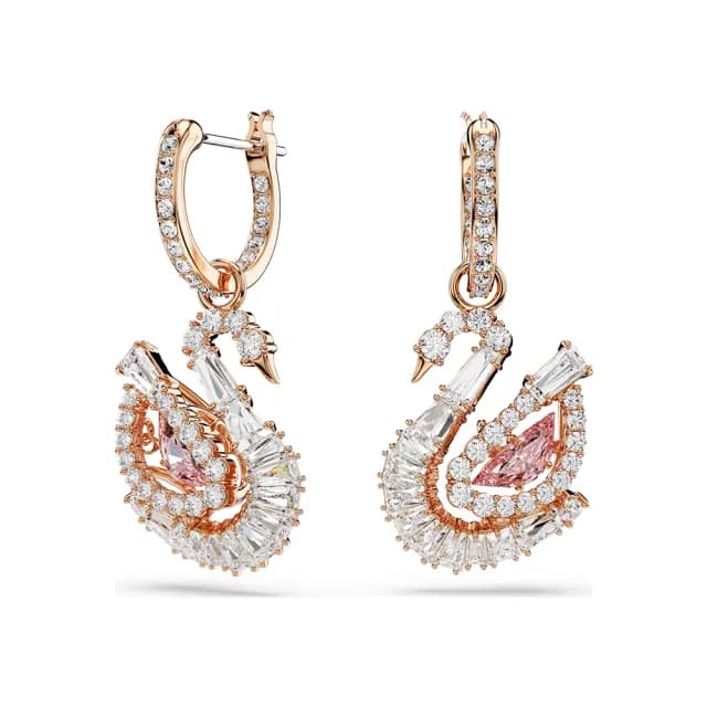 【SWAROVSKI 施華洛世奇】Swan 天鵝優雅律動 粉紅色水晶垂墜式耳環-玫瑰金(5732415)