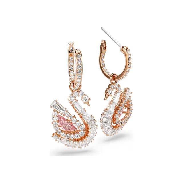 【SWAROVSKI 施華洛世奇】Swan 天鵝優雅律動 粉紅色水晶垂墜式耳環-玫瑰金(5732415)
