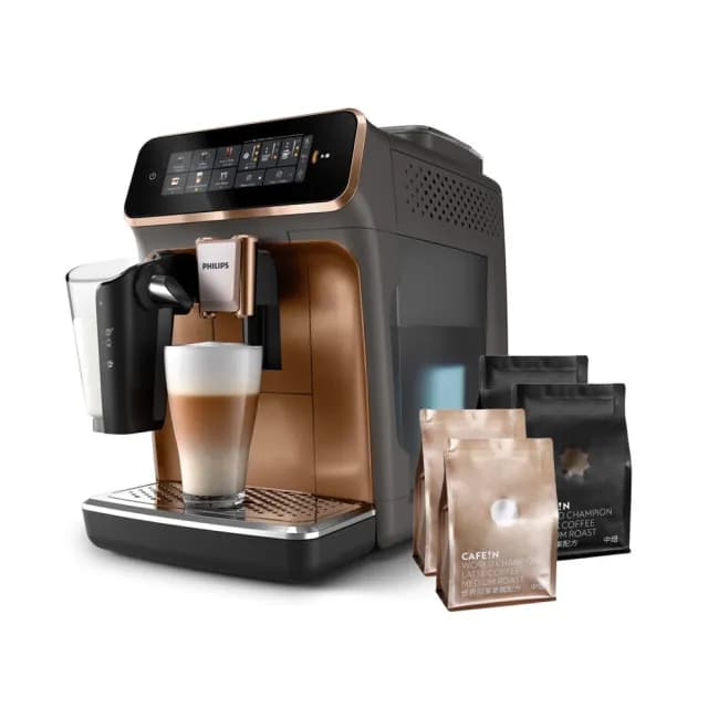 【Philips飛利浦】LatteGo雙溫萃取全自動義式咖啡機 經典銀/香檳金+CAFE!N 冠軍豆+拿鐵豆組(EP3347)