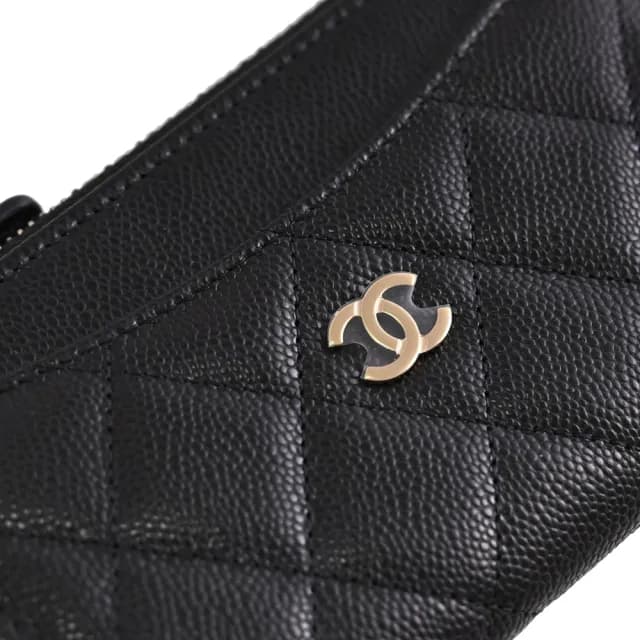【CHANEL 香奈兒】經典雙C菱格紋小牛皮信用卡證件名片零錢包(黑/淡金)