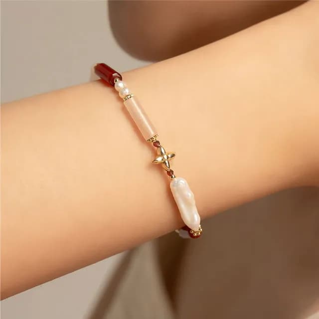 【SPANCONNY 飾品控】女爵 l 粉東陵 紅瑪瑙 石榴石 珍珠 l 天然水晶手鍊(不銹鋼材質 耐磨抗氧化)