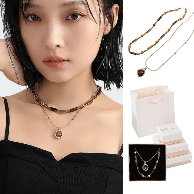 【Twinkle Me】美拉德風虎眼石多層次項鍊組(精美禮盒+同款紙袋)