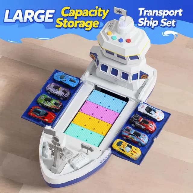 【CuteStone】兒童仿真吊臂運輸船與汽車玩具套裝(生日禮物 交通工具遊戲禮物 兒童益智玩具)