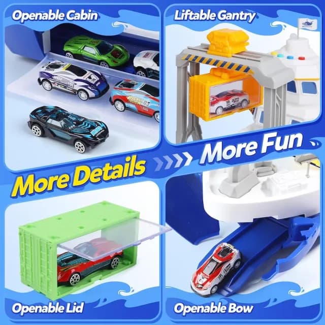 【CuteStone】兒童仿真吊臂運輸船與汽車玩具套裝(生日禮物 交通工具遊戲禮物 兒童益智玩具)