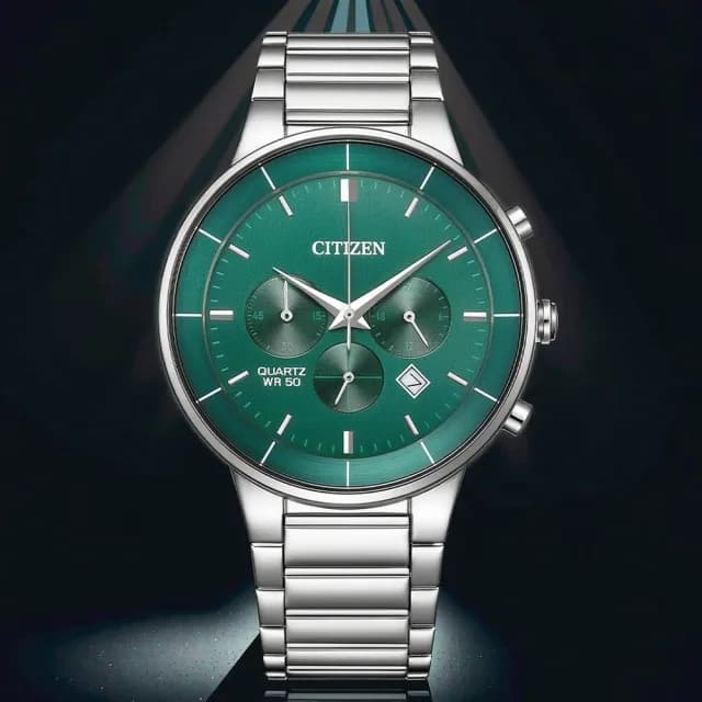 【CITIZEN 星辰】Chronograph 紳男計時手錶 週年慶送禮推薦-銀x綠/42mm 七夕 情人節禮物(AN8220-52X)
