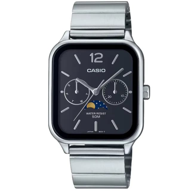 【CASIO 卡西歐】卡西歐方型月相鋼帶男錶-黑(MTP-M305D-1A)