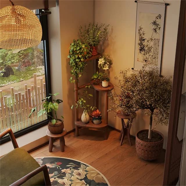 【超微米】中古風實木花架 客廳落地式置物架 陽台異形盆栽植物擺放架子(中古風實木花架 三層櫸木款)