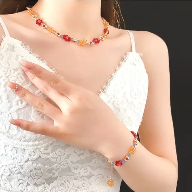 【彩色點睛】復古花朵串珠手鍊+項鍊(手串 手鏈 首飾 配飾 鎖骨鍊 氣質 穿搭 頸鍊 配件 百搭 禮物)