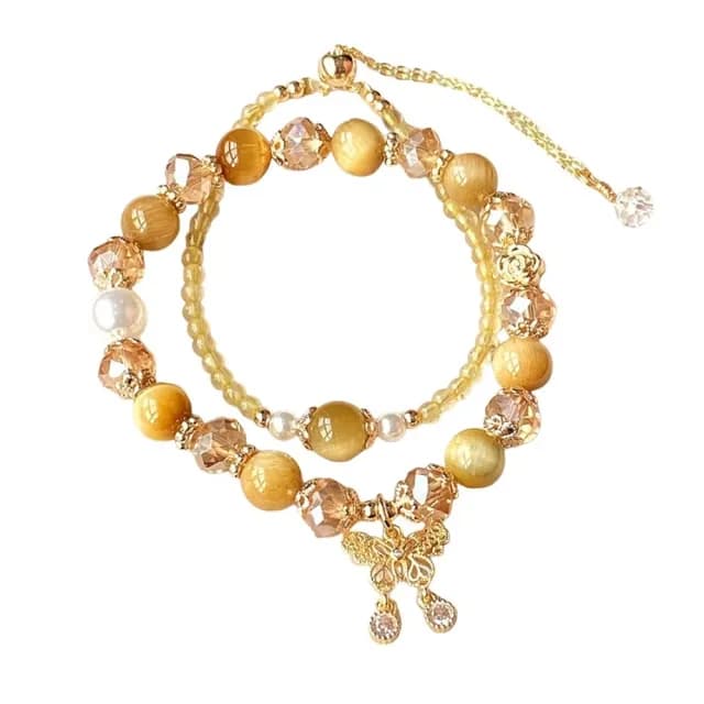 【財源滾滾】黃髮晶金虎石手鍊2件套(虎眼石 招財 手飾 手環 手串 套裝)