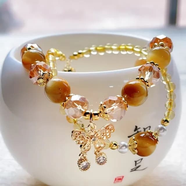 【財源滾滾】黃髮晶金虎石手鍊2件套(虎眼石 招財 手飾 手環 手串 套裝)