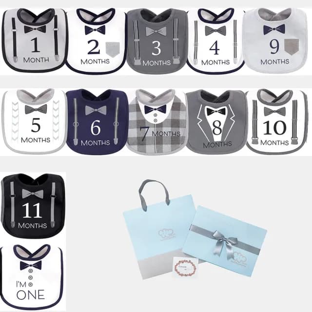 【Hudson Baby】彌月禮盒組-成長紀錄月份純棉圍兜12件組(口水巾新生兒寶寶滿月禮物)