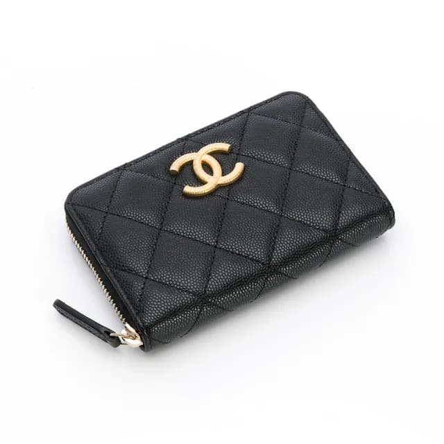 【CHANEL 香奈兒】25P 拉絲紋logo 零錢包(黑/金-ㄇ字拉鍊/內層I字拉鍊)