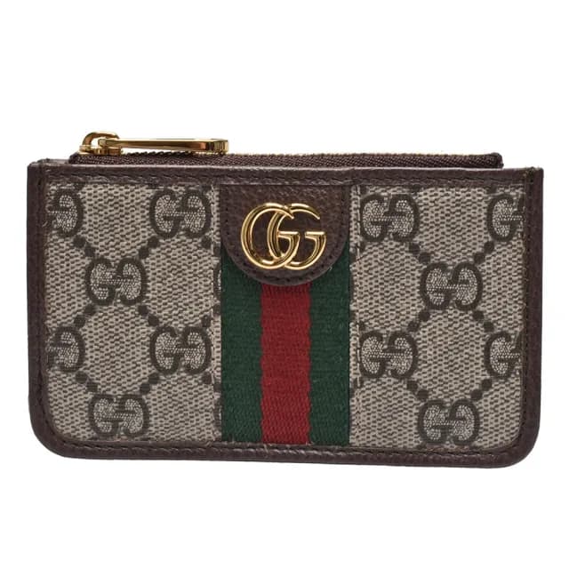 【GUCCI 古馳】經典Ophidia GG印花帆布牛皮飾邊拉鍊卡夾/零錢包(烏木色671723-96IWG-8745)