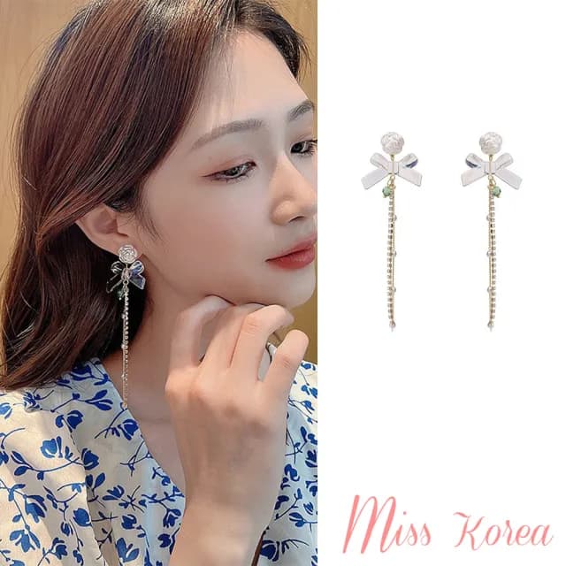 【MISS KOREA】韓國設計S925銀針法式玫瑰花朵透明蝴蝶結長流蘇墜耳環(S925銀針耳環 玫瑰耳環 蝴蝶結耳環)