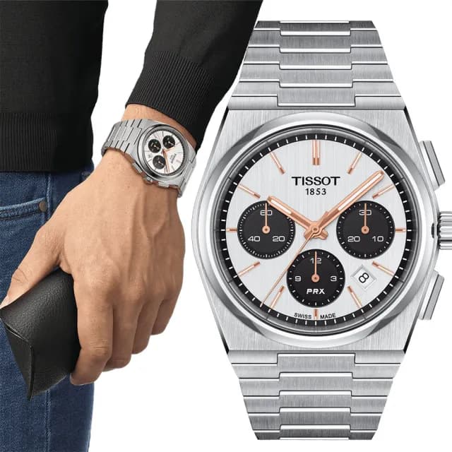 【TISSOT 天梭】PRX 白熊貓 自動計時機械錶-42mm 禮物 送禮 推薦(T1374271101100)