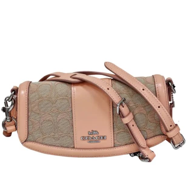 【COACH】ANDREA 經典Logo緹花l單肩手袋小號(蜜桃粉色/贈原廠防塵袋紙袋七夕情人節)