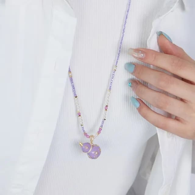 【紫氣東來】滴油法琅葫蘆串珠項鍊(珍珠 葫蘆吊墜 古風 小眾設計 新中式 高級 鎖骨鍊 古著 男女)