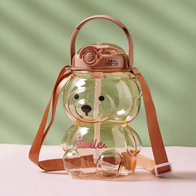 【出遊必備】韓系Smile小熊背帶吸管水壺(大容量 1000ml 吸管杯 水瓶水杯 環保杯 學生 生日禮物)
