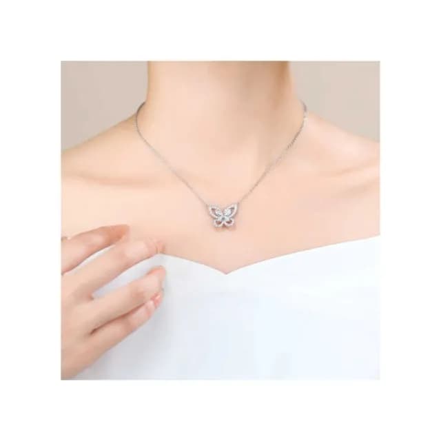 【鉅曜】S925銀 雙蝶鑽石項鍊 培育鑽石 真鑽 鑽石 45公分可調節42公分(培育鑽石)