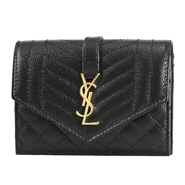 【YSL】金屬字母LOGO菱格縫線牛皮信用卡名片夾零錢包(黑)