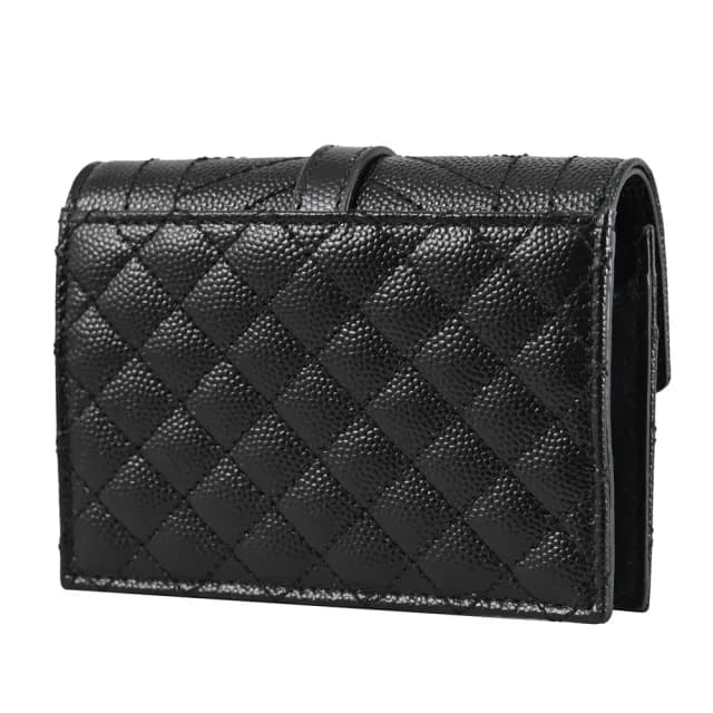 【YSL】金屬字母LOGO菱格縫線牛皮信用卡名片夾零錢包(黑)
