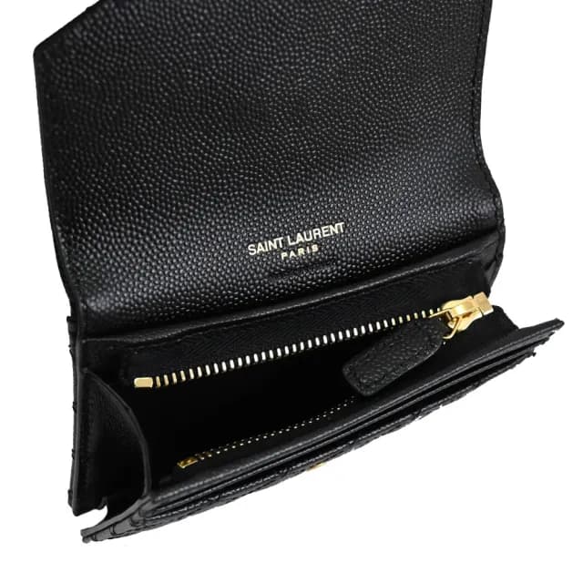 【YSL】金屬字母LOGO菱格縫線牛皮信用卡名片夾零錢包(黑)