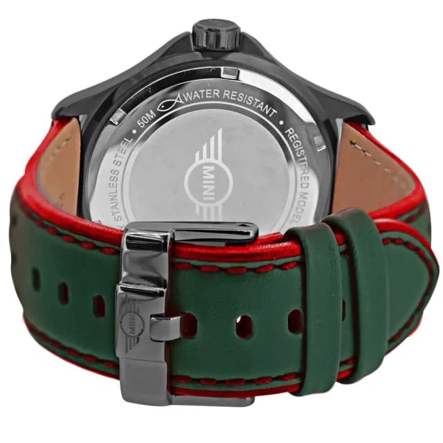 【MINI SWISS WATCHES】石英錶 44mm 綠黑底方向盤錶面 綠色透孔皮錶帶(綠色 七夕禮物 情人節)