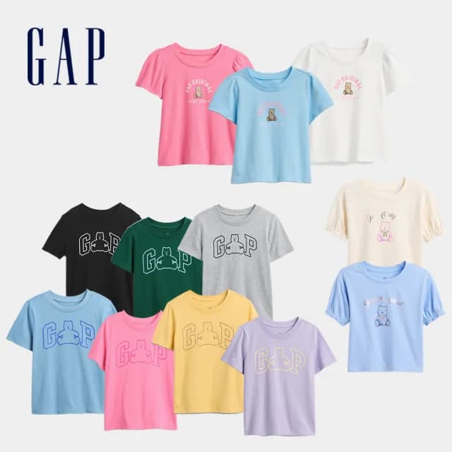 【GAP】男女幼童裝 Logo純棉小熊印花圓領短袖T恤-多款任選(822222&778402&816542)
