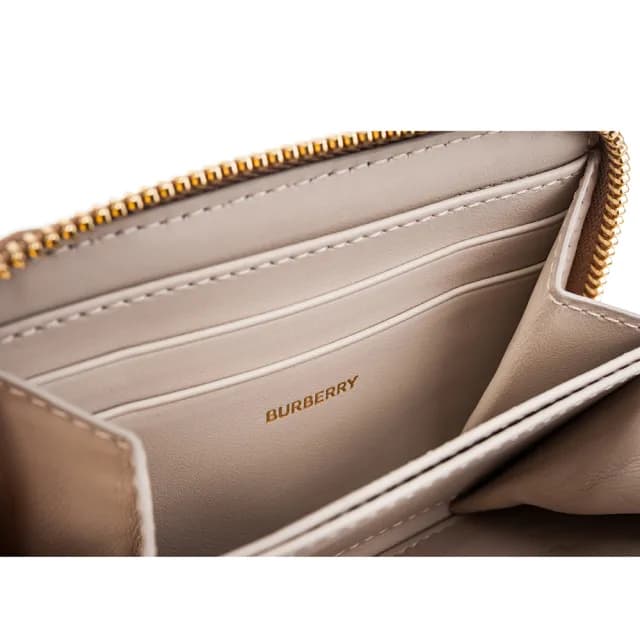 【BURBERRY 巴寶莉】經典大格紋帆布拼牛皮ㄇ形拉鍊零錢包(米白)