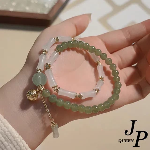 【Jpqueen】翠竹和田玉串珠中式典雅復古多圈手串手鍊(2色可選)